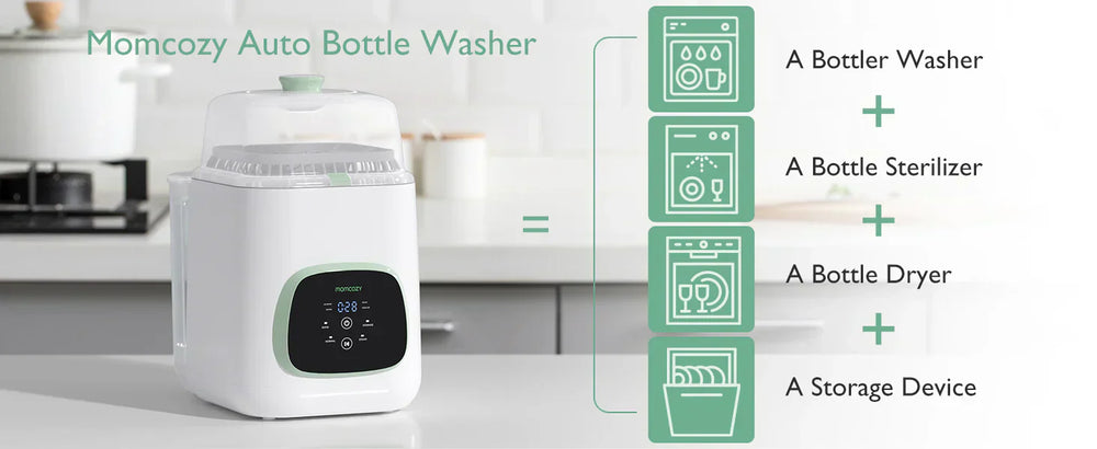 A Momcozy Auto Bottle Washer sits on a kitchen counter