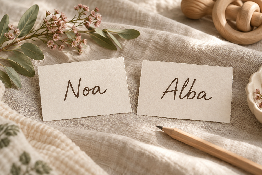 Tarjetas con los nombres Noa y Alba sobre una tela clara, junto a un lápiz y unas hojas.