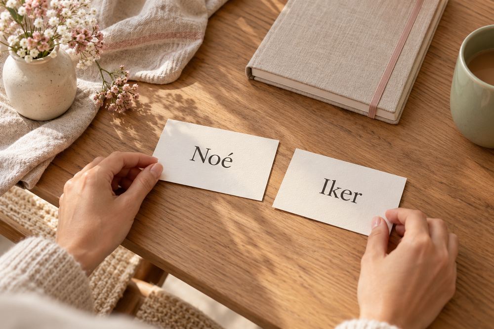 Tarjetas con los nombres Noé e Iker sobre una mesa de madera.