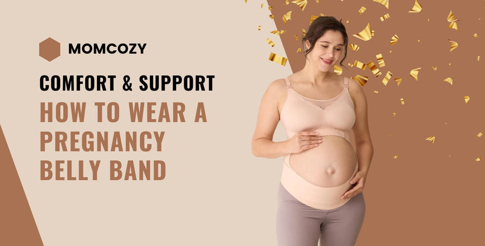A pregnant woman is wearing a Momcozy belly band with text on comfort and support