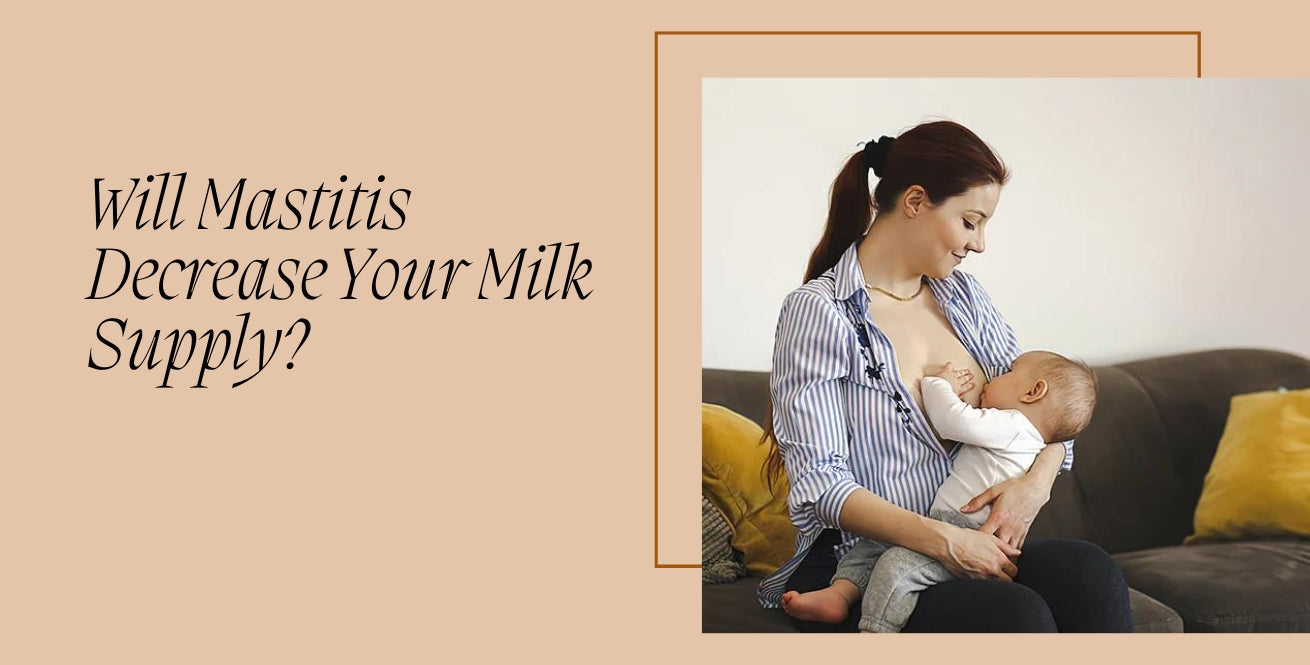 A woman breastfeeding her baby on a couch with text about mastitis