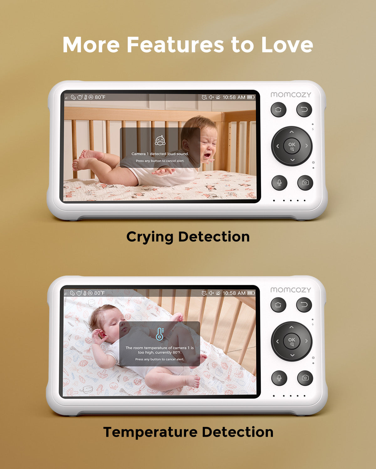 Momcozy BM04 Smart Baby Monitor displaying crying and temperature alerts, highlighting key features for parents.