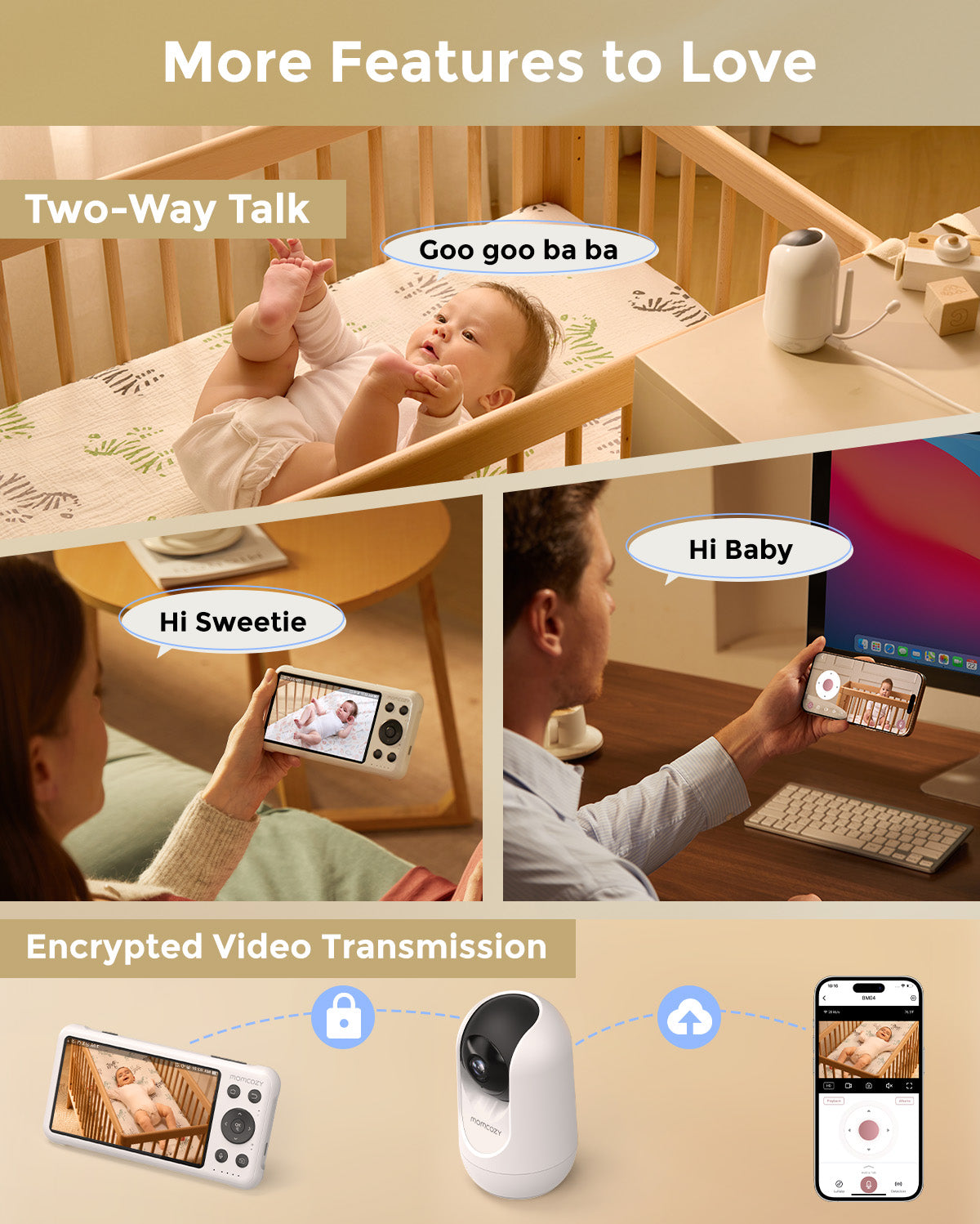 Momcozy Baby Monitor features: Two-Way Talk, encrypted video, real-time alerts. Parents can monitor their baby remotely.