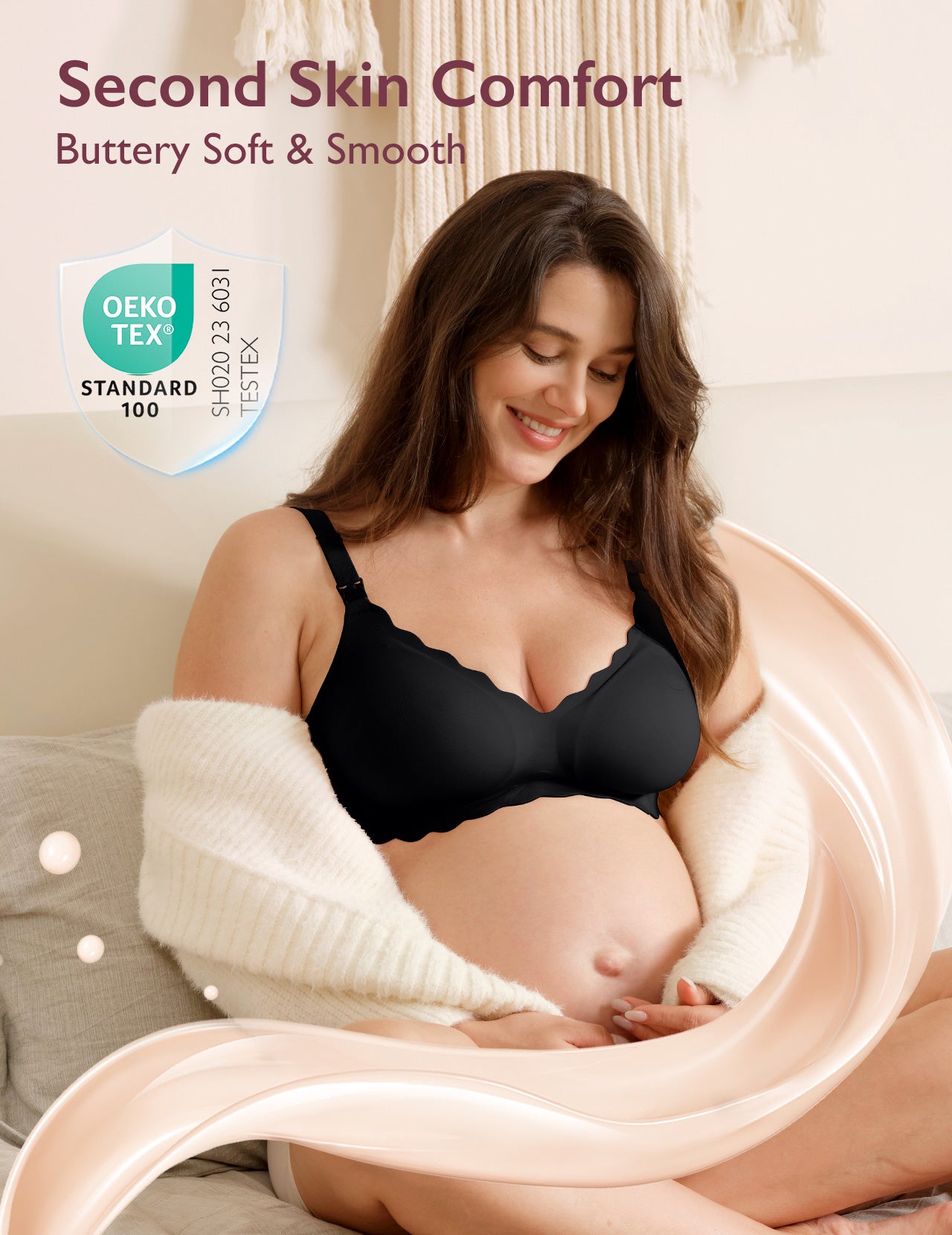 Smiling pregnant woman in black scalloped Jelly Strip Seamless Nursing Bra YN46. OEKO-TEX certified comfort for M9 Pump.