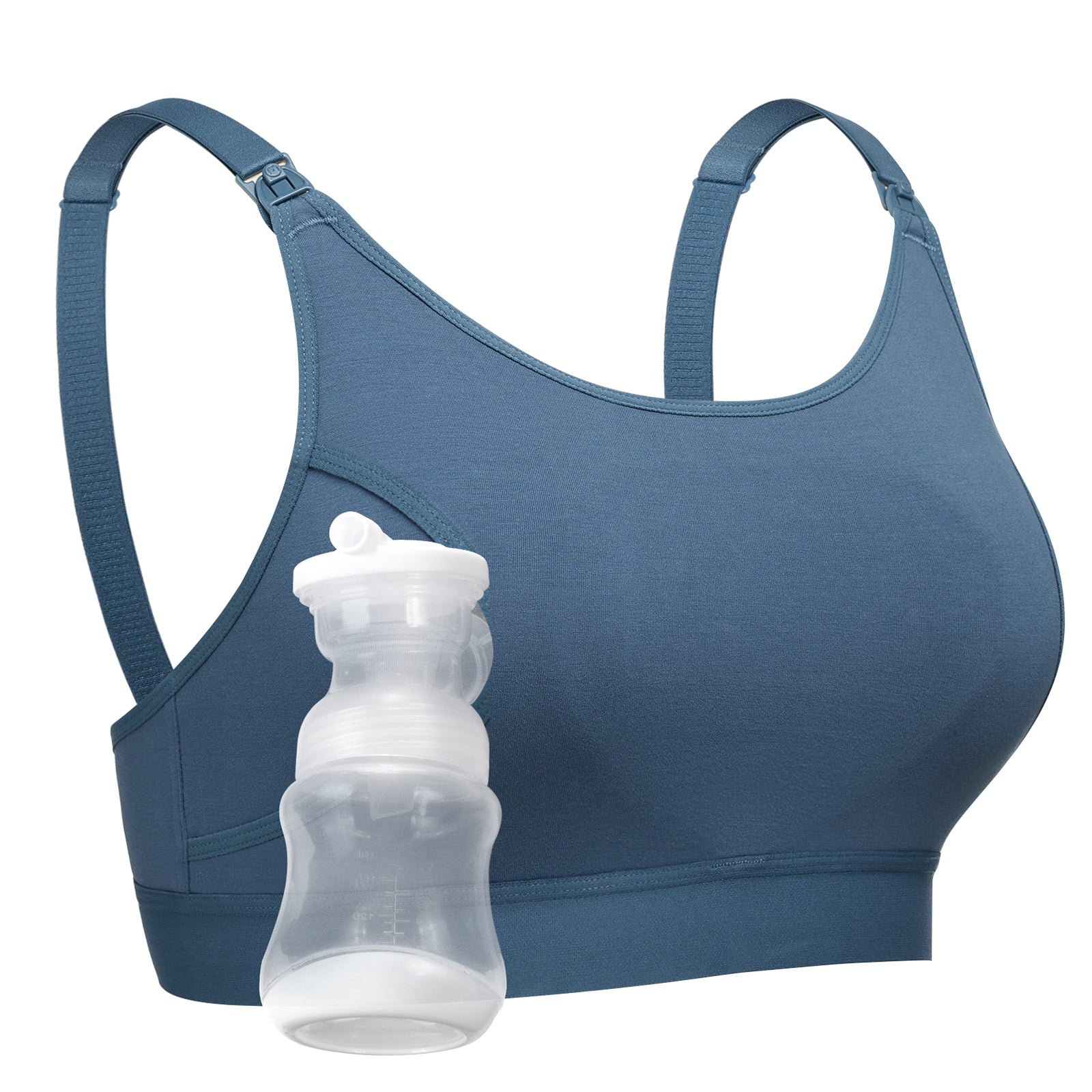 Original YN08 dusty blue seamless pumping & nursing bra, featuring adjustable straps, nursing clips, and a baby bottle.