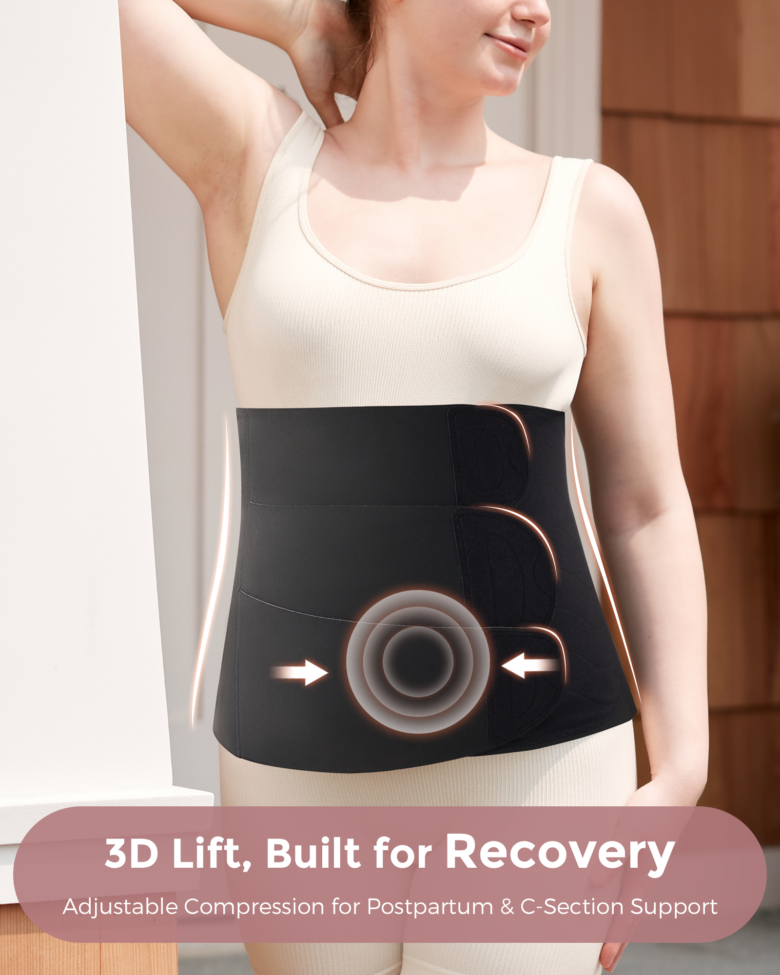 Momcozy Ergowrap postpartum belly band, black, featuring 3D lift, adjustable compression, for postpartum & C-section support.