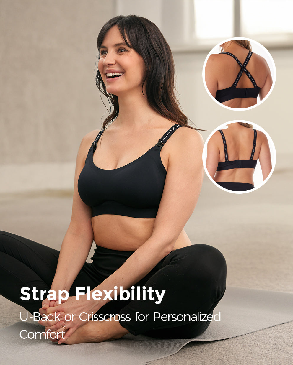 Black breast pump bra with flexible straps for U-back or crisscross options