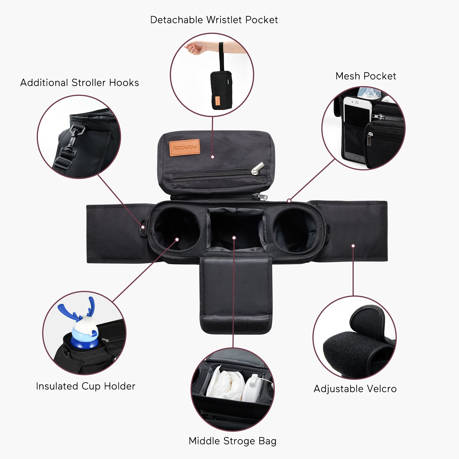 Black stroller organizer with cup holders, mesh pocket, and wristlet by Momcozy; perfect for baby essentials.