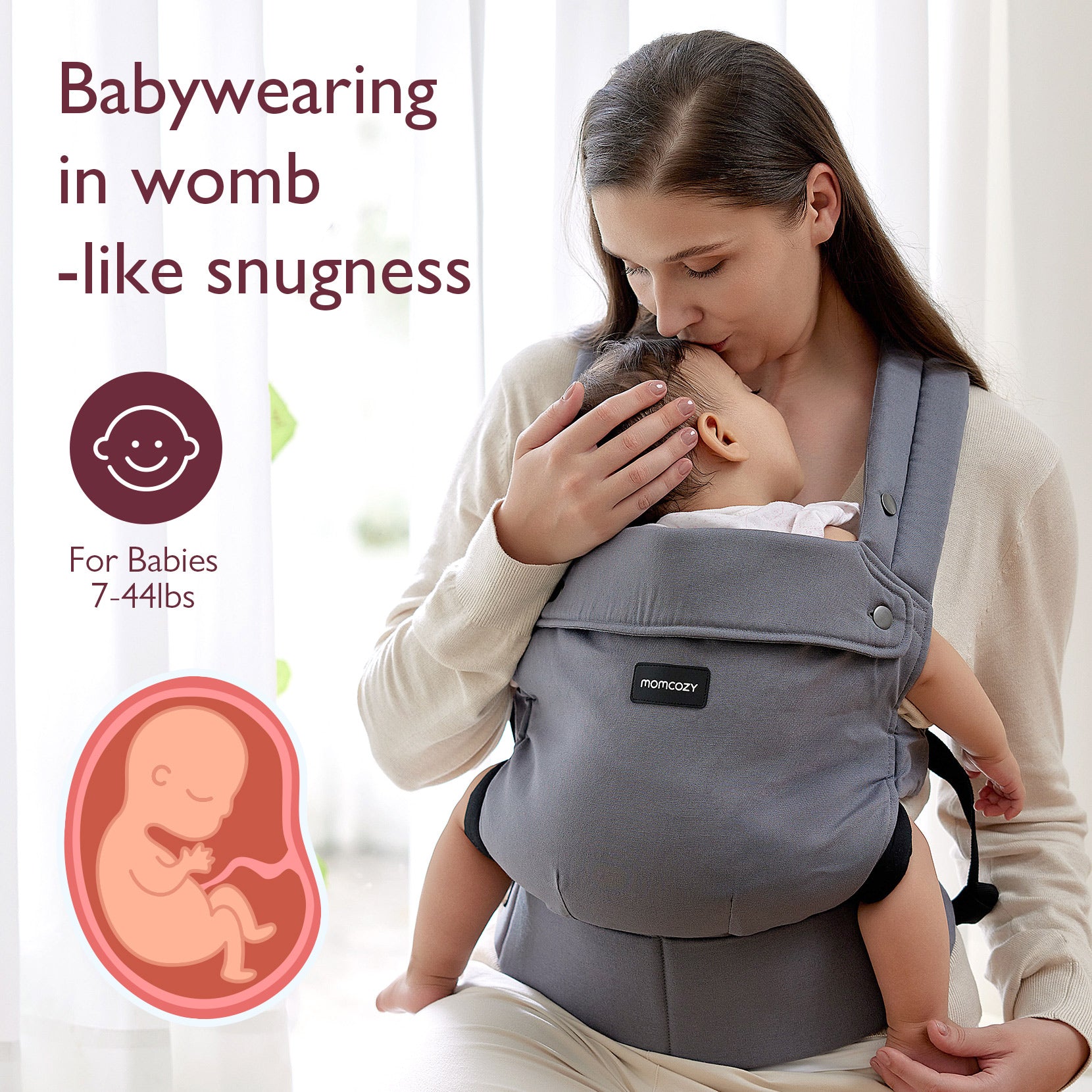 Momcozy PureHug grey baby carrier. Mother with baby, emphasizing comfort and weight range (7-44lbs) for ideal babywearing.