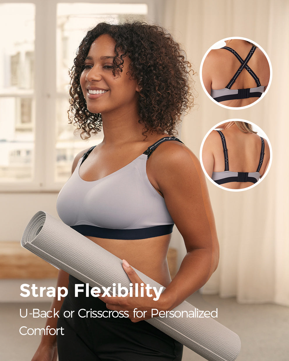 Woman holding yoga mat in gray nursing bra with adjustable U-back or crisscross straps.