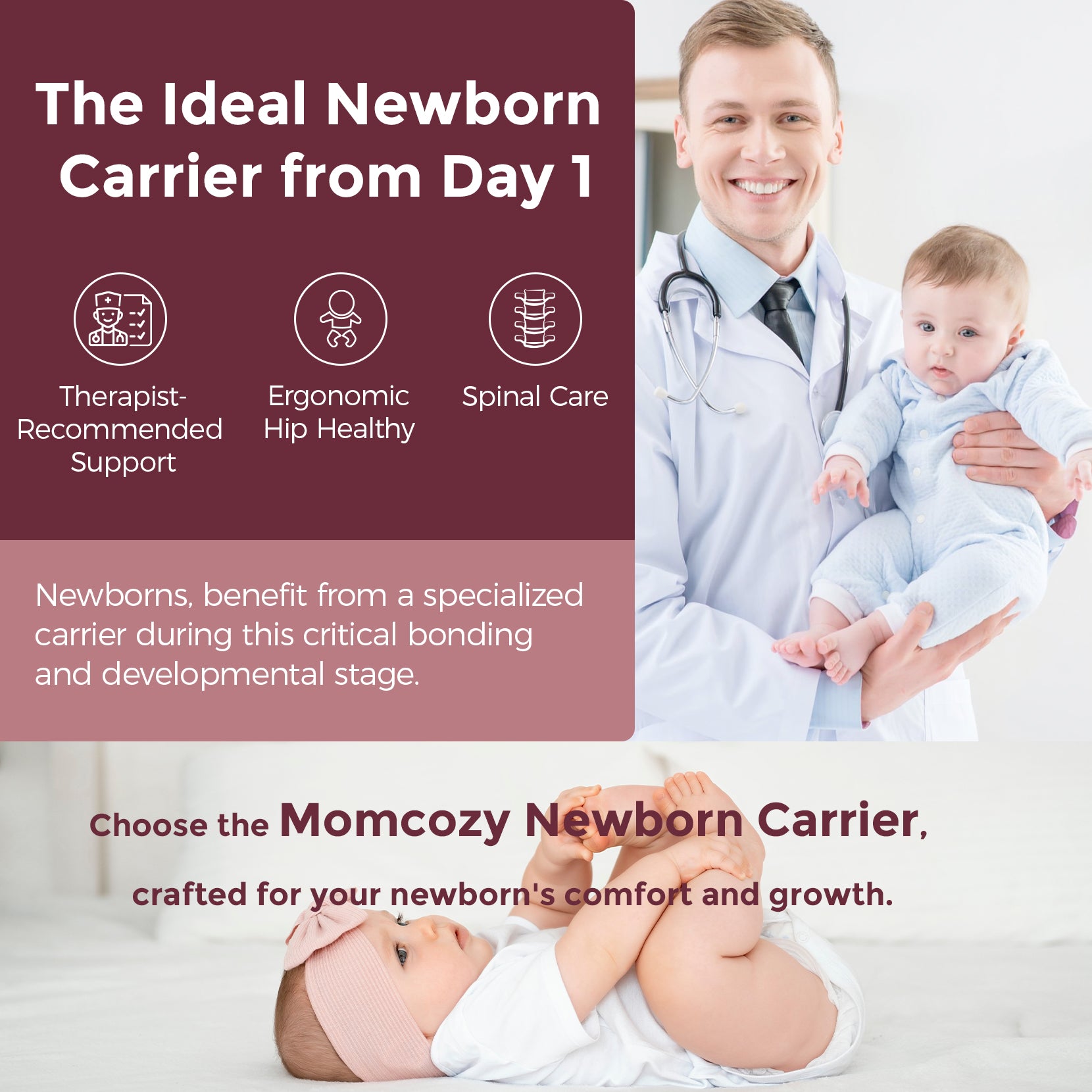 Momcozy Newborn Carrier with ergonomic design and spinal care support, promoting comfort and growth for newborns.