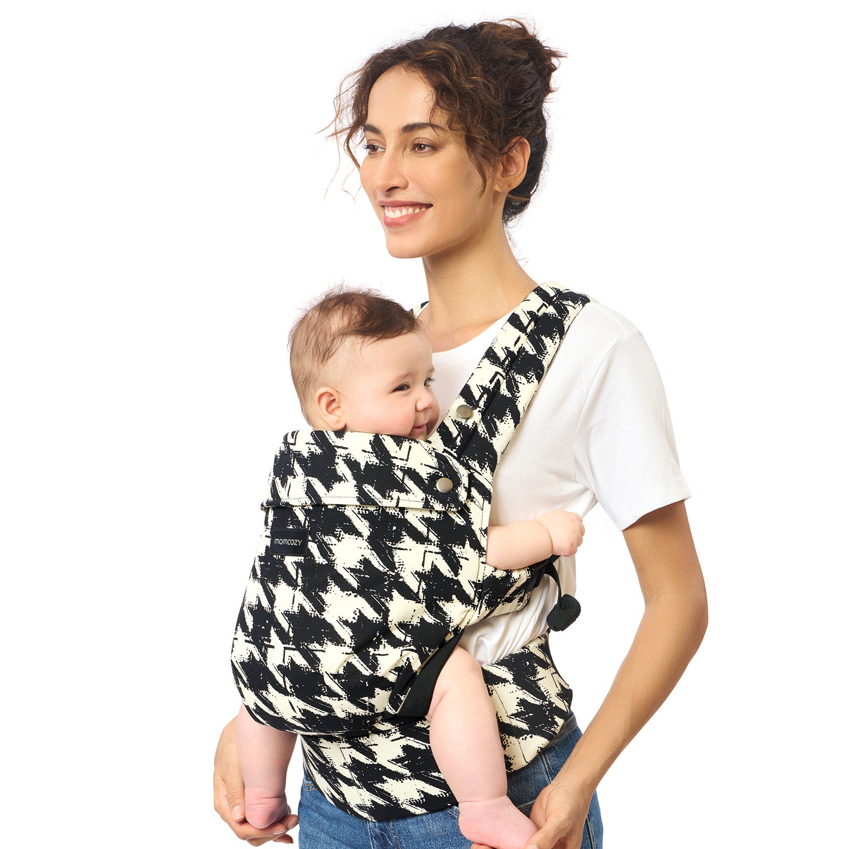 Momcozy PureHug baby carrier in houndstooth pattern, mother babywearing with comfort and style.