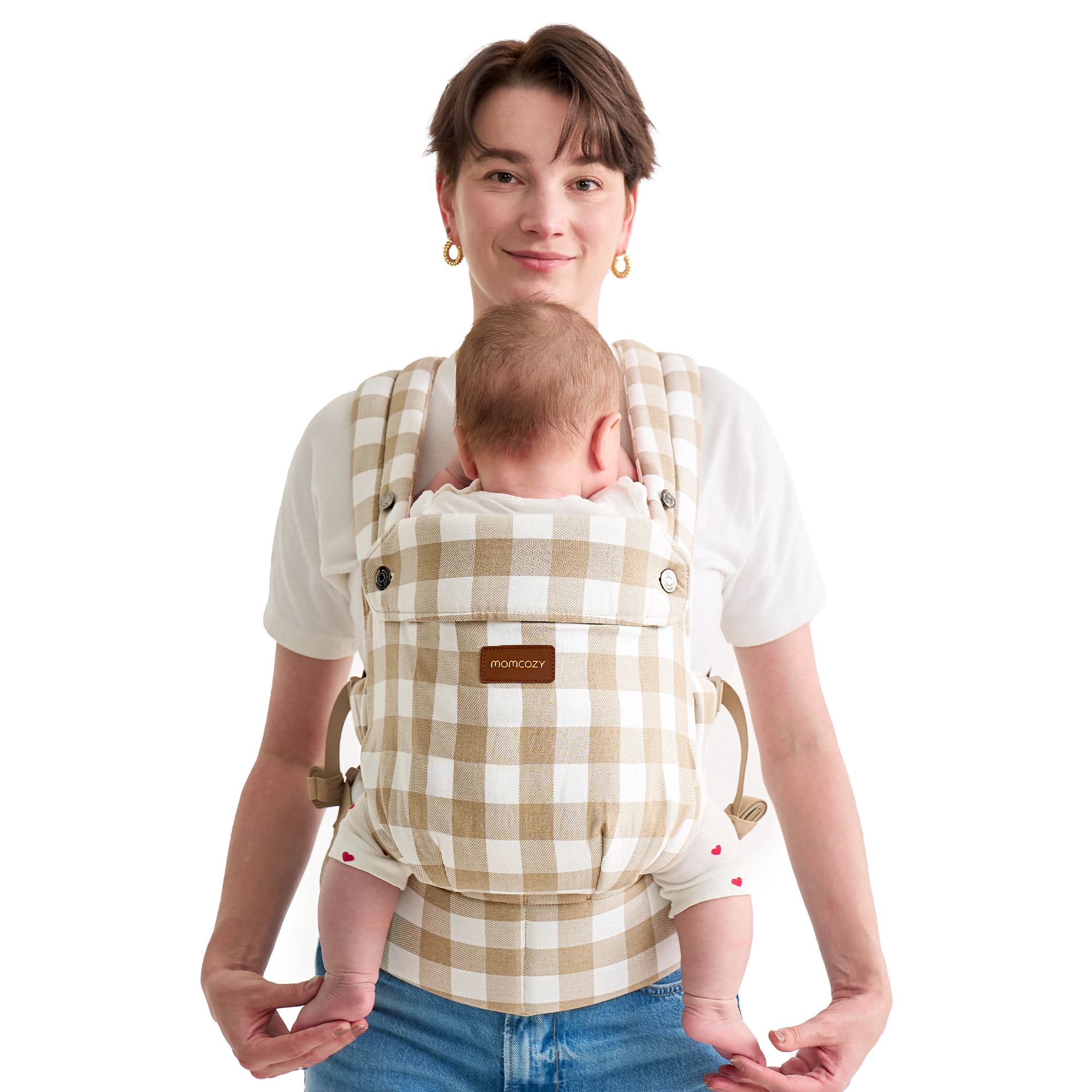 Momcozy PureHug baby carrier, beige checkered, with baby. Comfortable and stylish babywearing design.