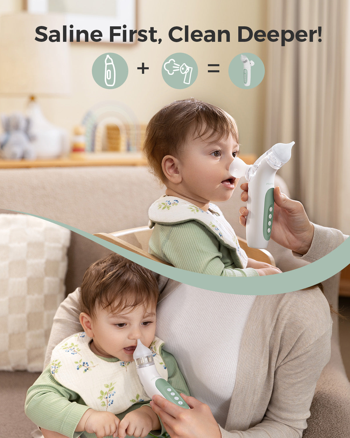 Momcozy BreezyClear™ aspirator, white and green, in use by babies, with 'Saline First, Clean Deeper!' headline.