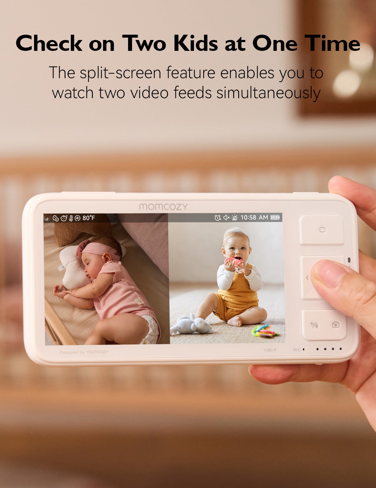 Momcozy BM03 Baby Monitor, split-screen for monitoring two babies at once, 1080p HD camera.