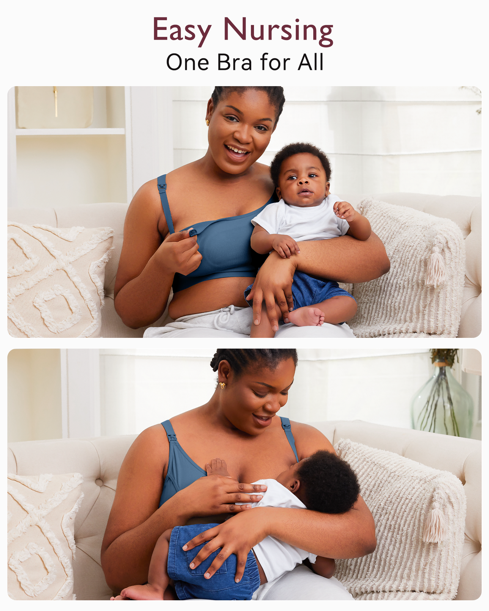 Black mom in dusty blue YN08 nursing bra demonstrates easy drop-down access for breastfeeding her baby.