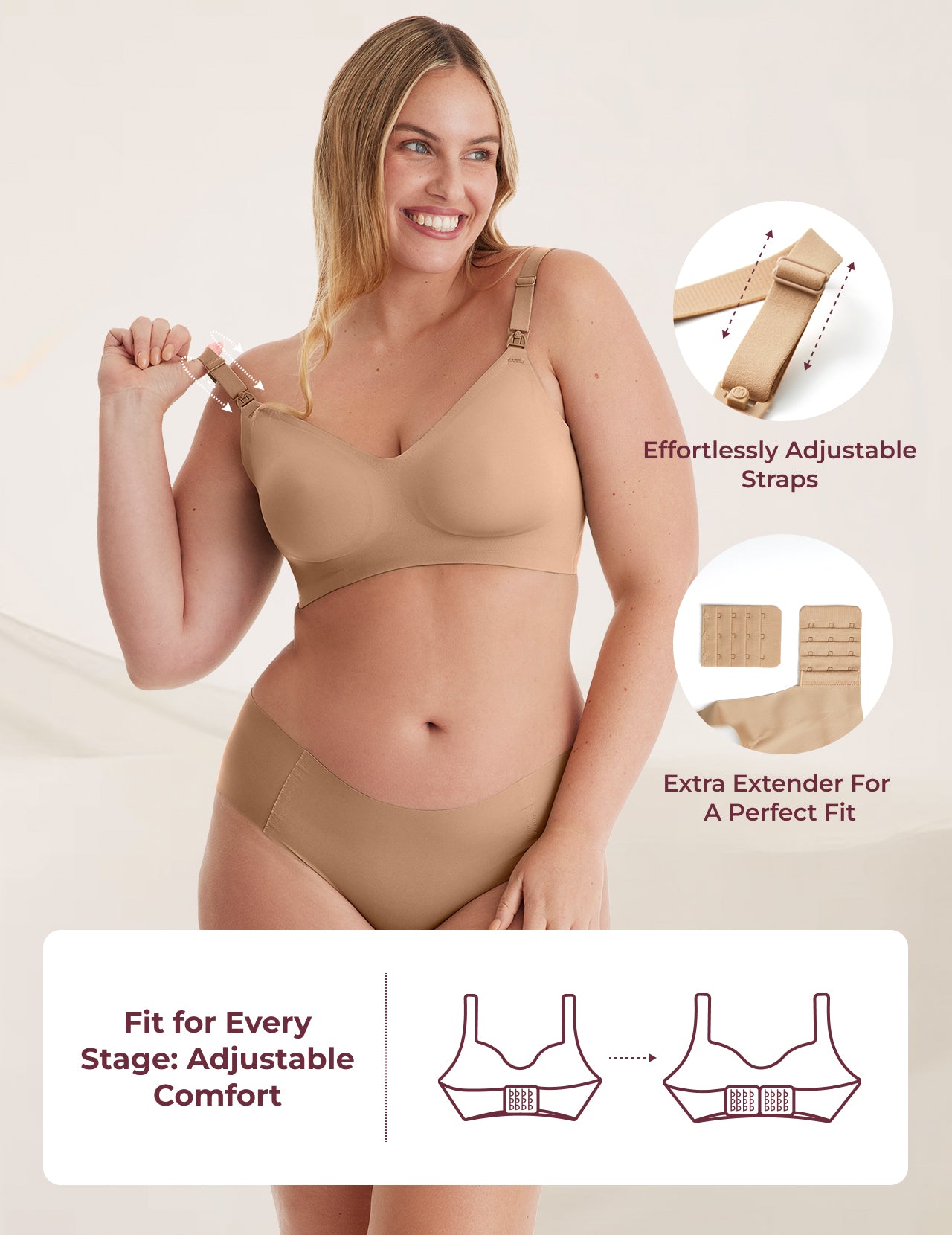 Light taupe YN21 Seamless Nursing Bra: model demonstrates adjustable straps, extender & easy-release clip for custom fit.