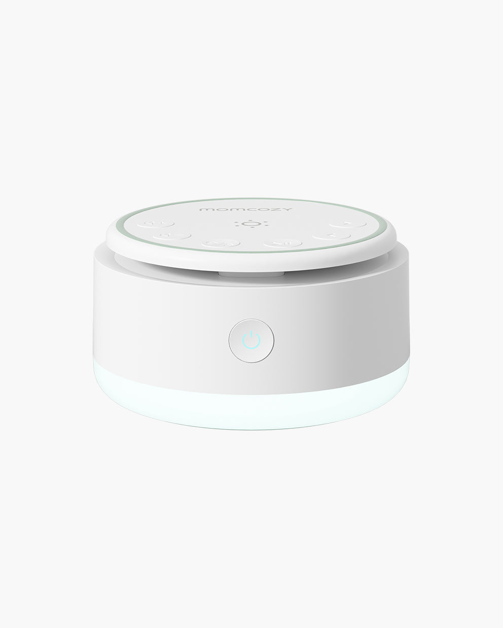 Momcozy Portable Baby Sound Machine. White design with easy-to-use controls and power button for baby sleep.