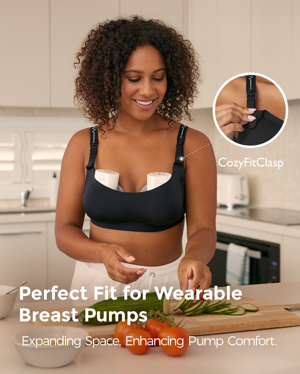 Nursing mother in black CozyFitClasp puming bra showcasing fit for wearable breast pumps.