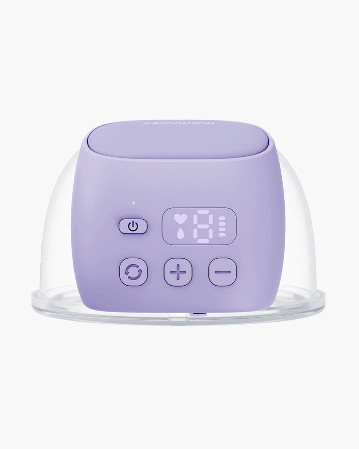 S9 Pro Wearable Breast Pump in lilac with LED screen and clear milk collector.