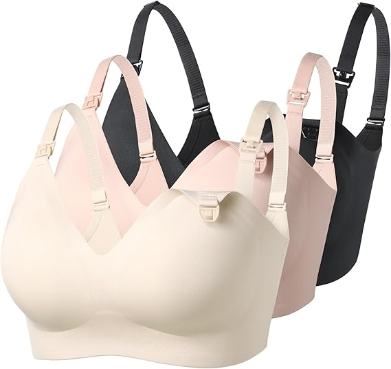 Ultra Soft Seamless Nursing Bras YN21 in light beige, peach, black. V-neck design, M5 pump quick-release clips.