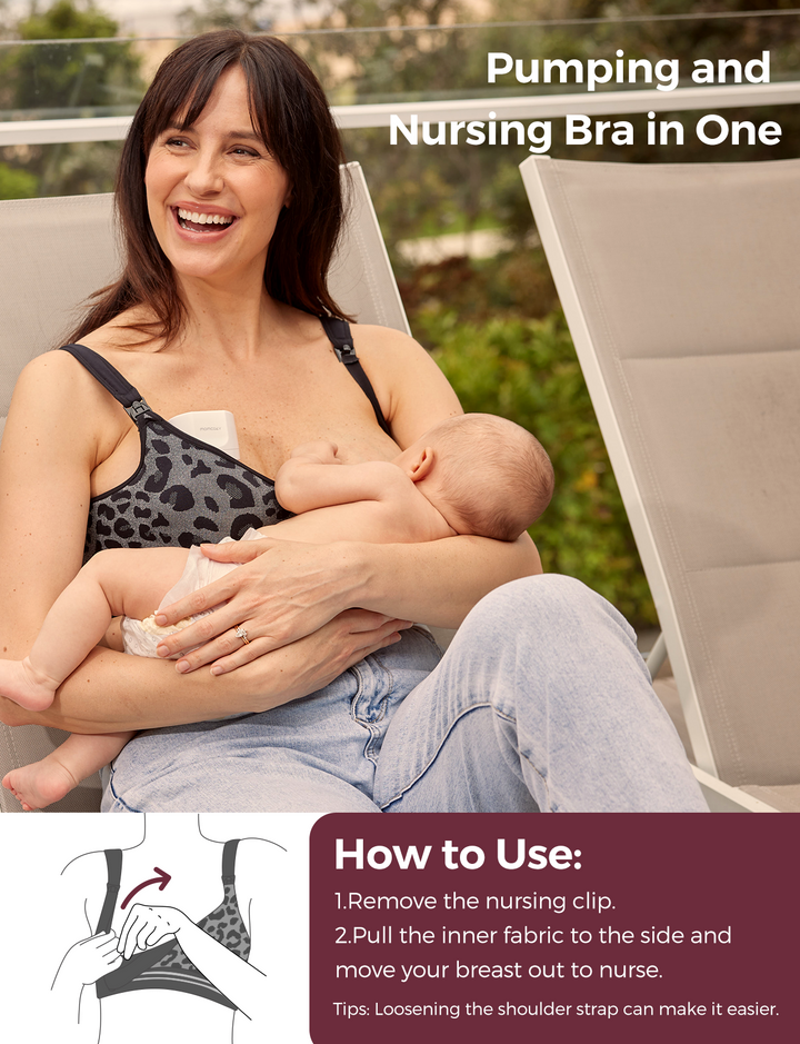 Mom nursing a baby outdoors while wearing the HF022 4-in-1 hands-free seamless pumping bra, which features an easy access design.