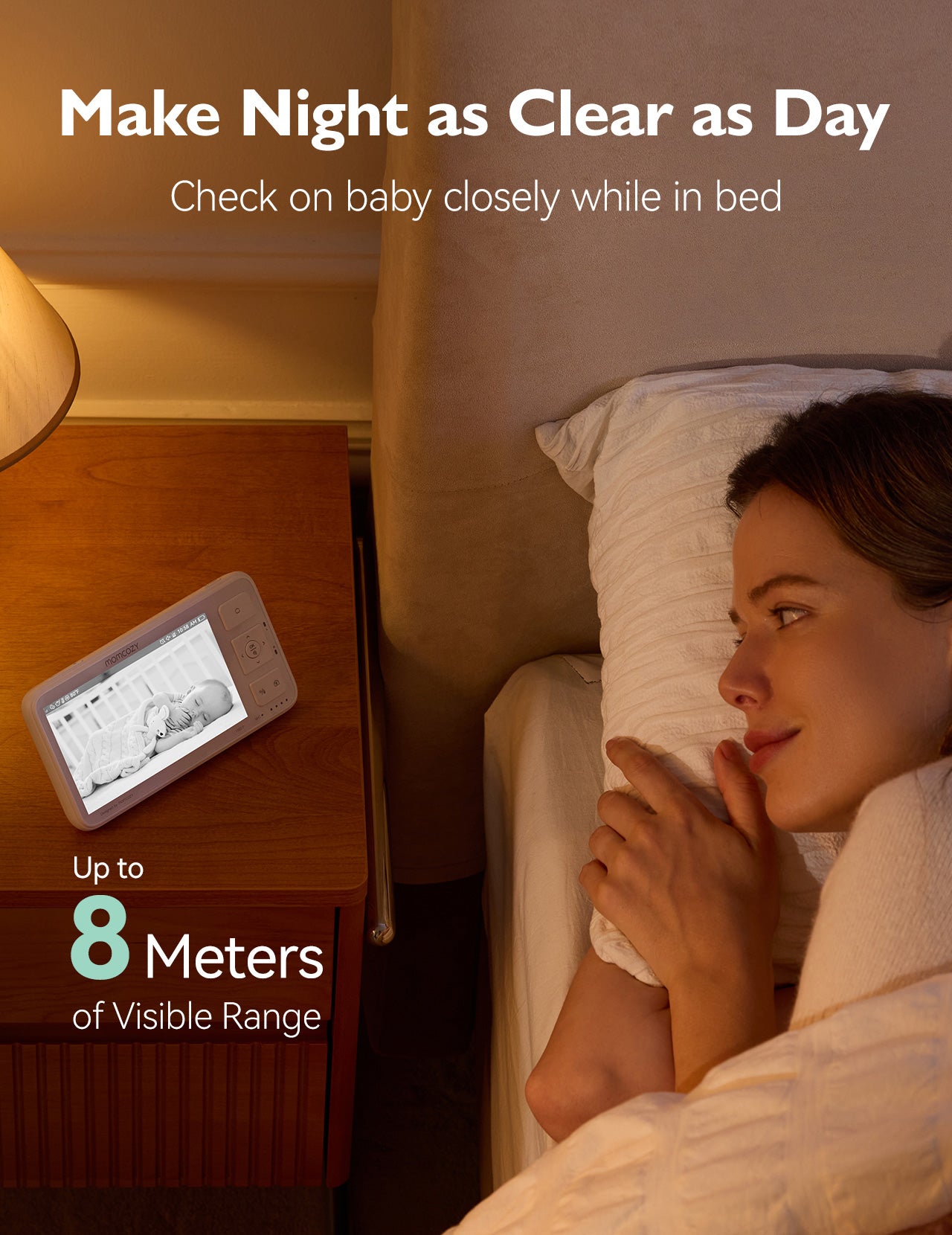 Momcozy baby monitor showing clear nighttime view, up to 8 meters range, checking on baby, 1080p HD, night vision.