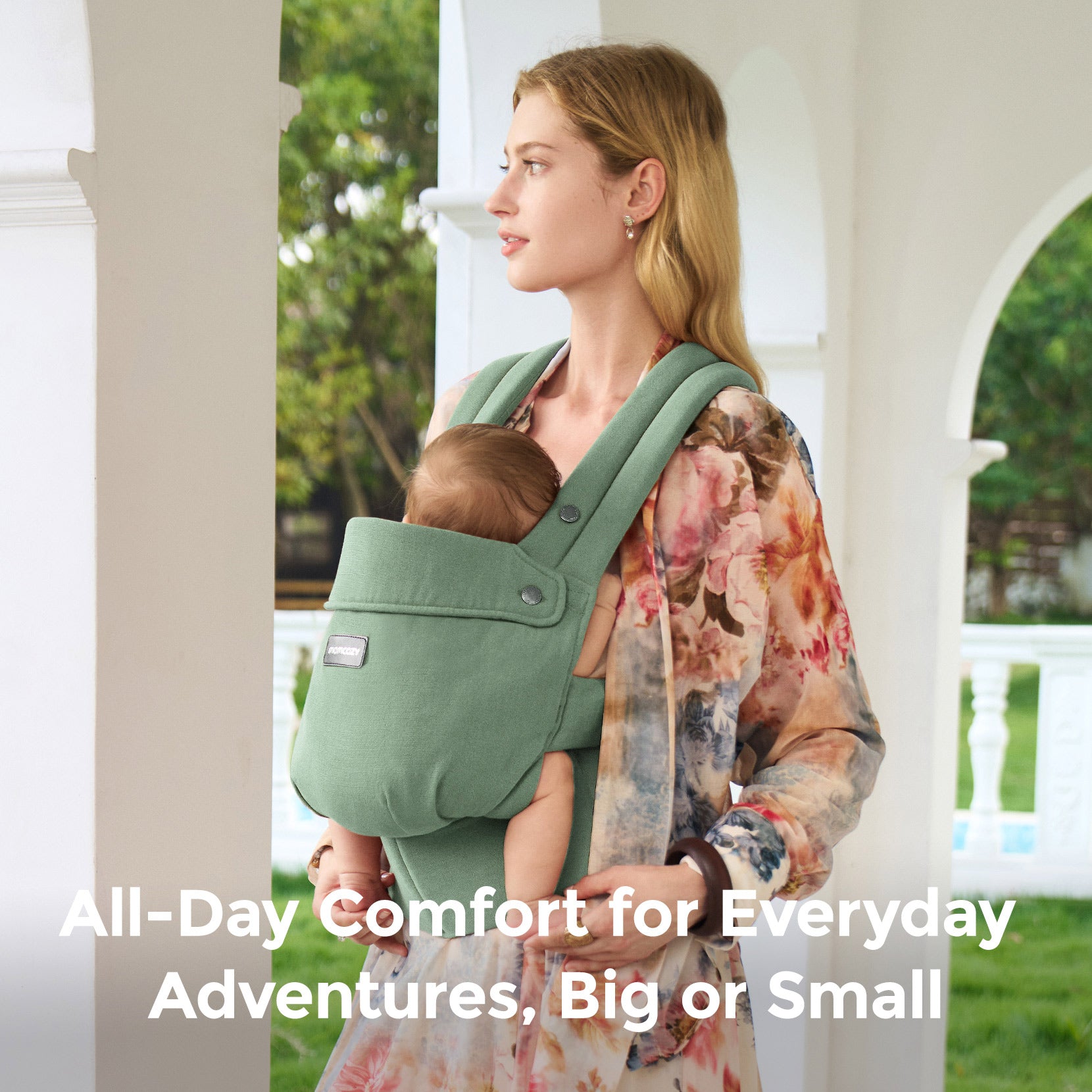 Momcozy PureHug baby carrier in sage green, mother babywearing, All-Day Comfort for Everyday Adventures, Big or Small.