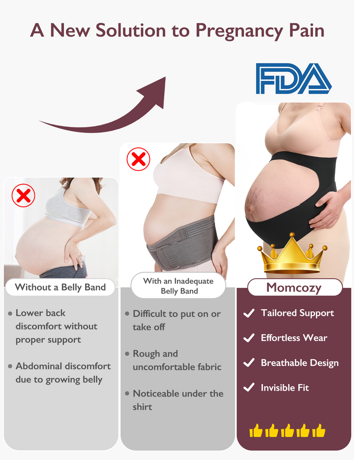 Benefits of using the black Momcozy Ergonest Maternity Belly Band versus not using one, highlighting its soft, breathable fabric and supportive features.