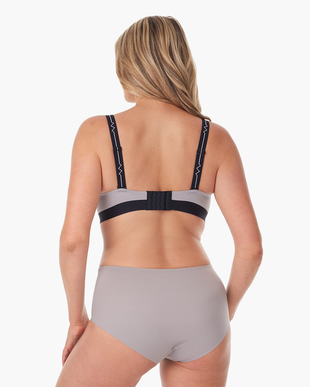 Back view of gray nursing bra with adjustable straps, ideal for breastfeeding and pump use.