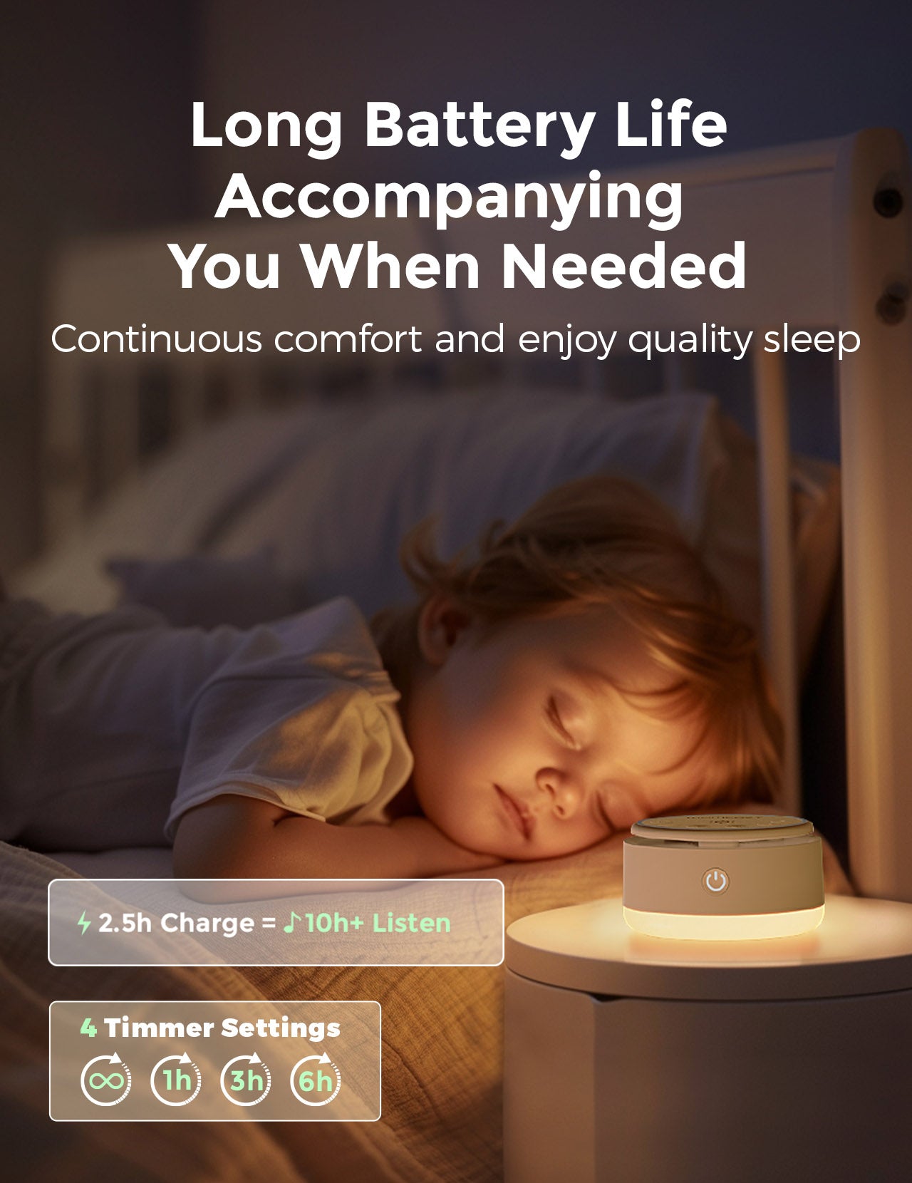 Momcozy baby sound machine with warm light, promoting quality sleep and long battery life, supporting the kid to sleep
