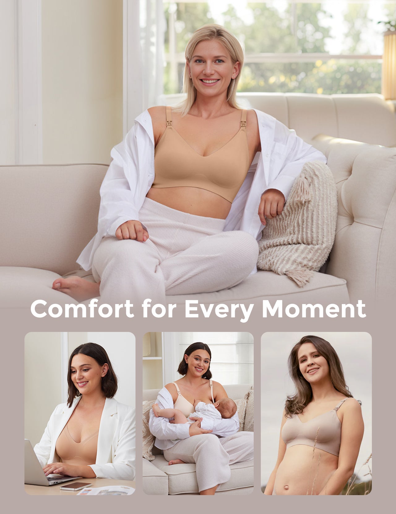 Light peach YN21 Ultra Soft Seamless Nursing Bra: women show comfort for pregnancy, work, nursing, relaxation, and M5 pump.
