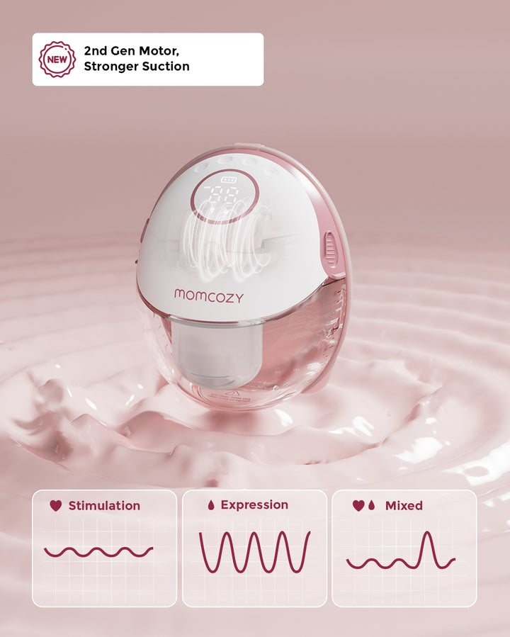 Momcozy M6 hands-free breast pump with stronger suction and multiple pumping modes.