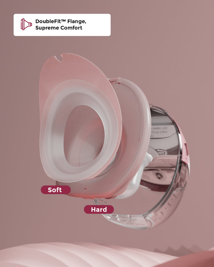 Momcozy M6 breast pump flanges highlighting soft and hard options for optimal comfort.