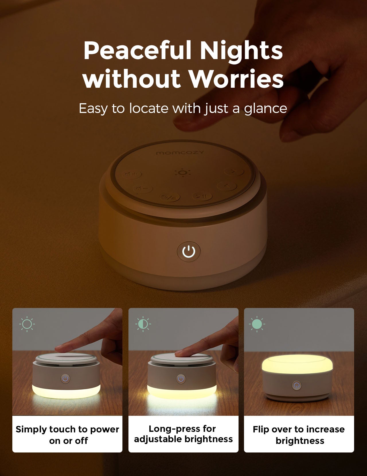 Momcozy baby sound machine, portable, rechargeable, with warm light and adjustable brightness, promotes peaceful baby sleep