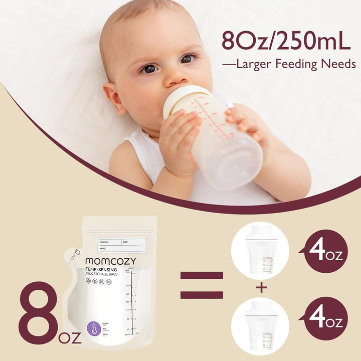 Baby using bottle with '8Oz/250mL' for larger feeding needs alongside Momcozy storage bags.