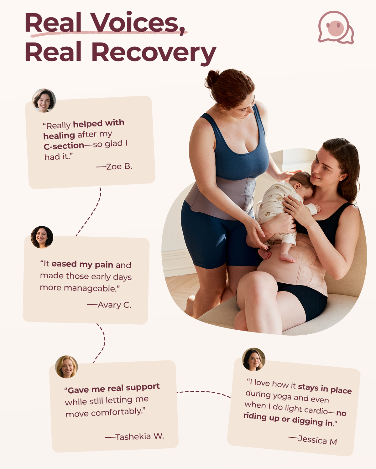 Mothers wearing the Momcozy Ergowrap Postpartum Belly Band, showcasing product reviews and testimonials about comfort and support.