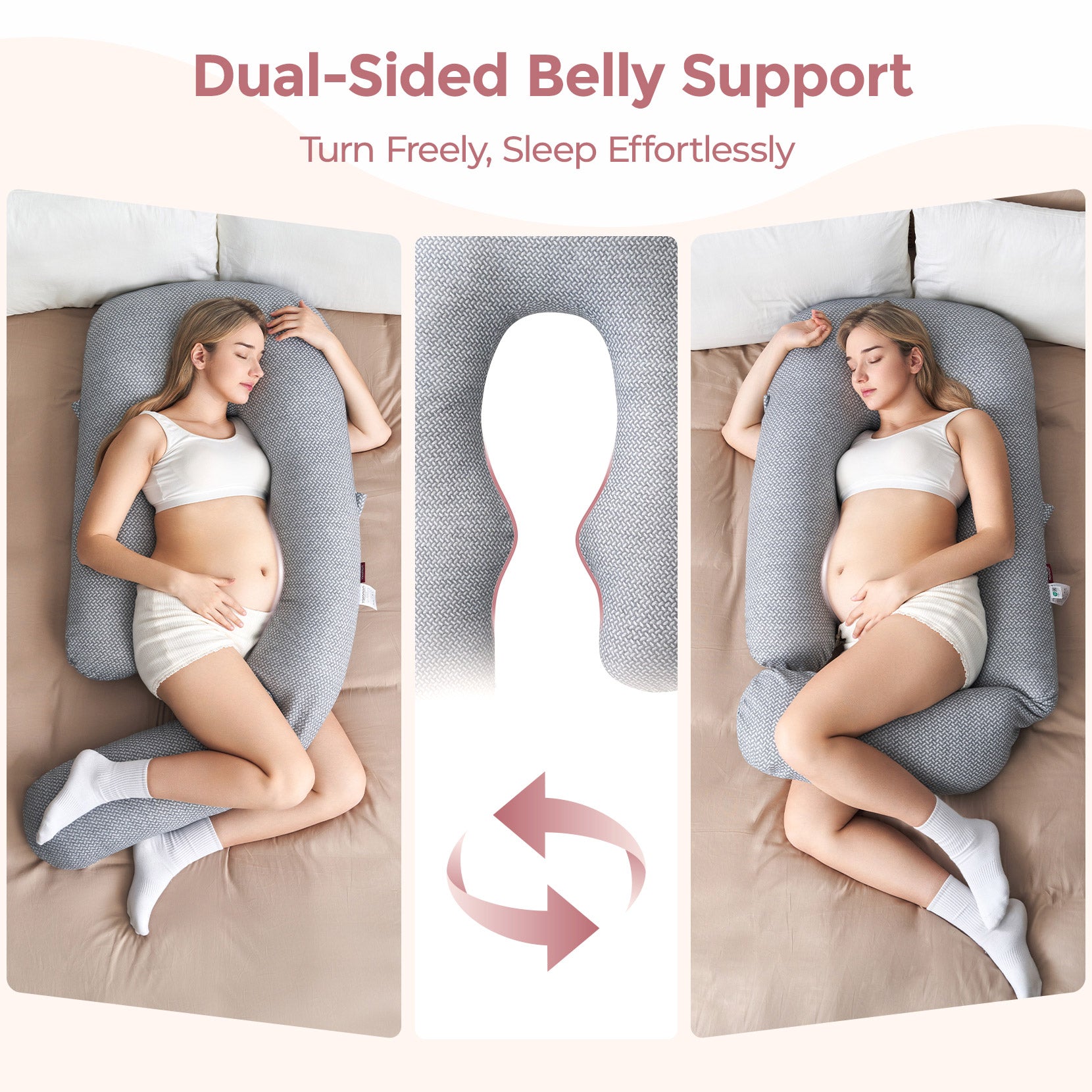 Momcozy Dreamlign pregnancy pillow providing dual-sided belly support for pregnant women, for comfortable sleep.