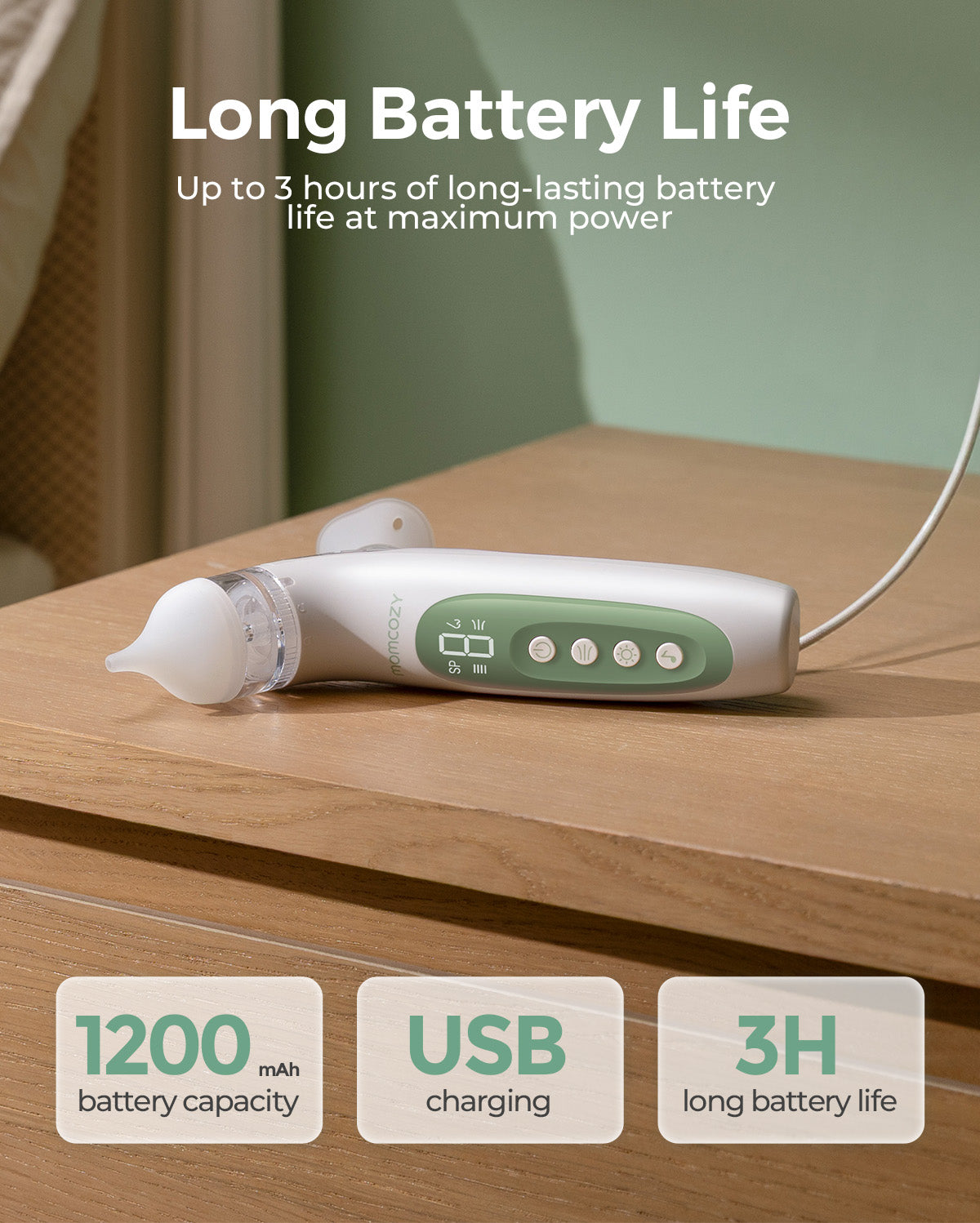 Momcozy BreezyClear Nasal Aspirator with Long Battery Life - USB charging and 3-hour use for baby nasal aspirator.