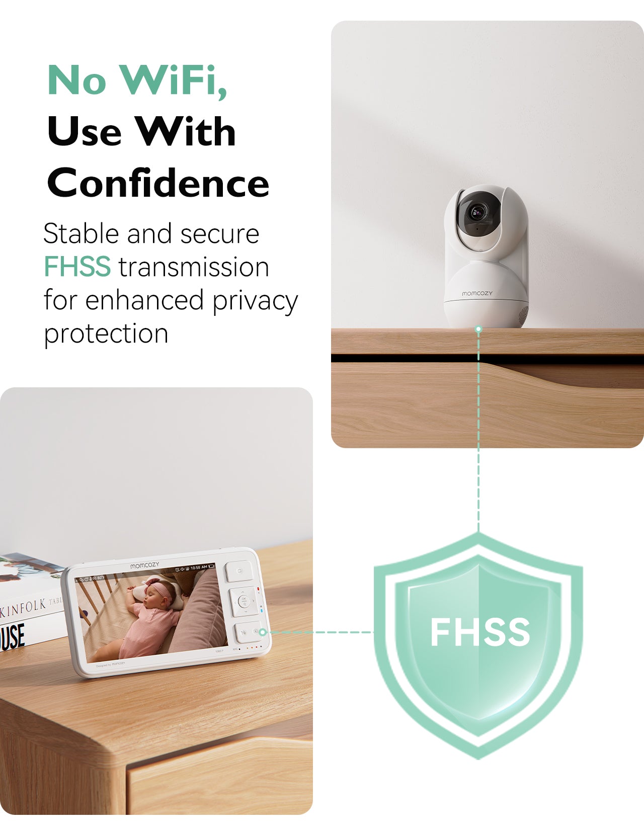 Momcozy BM03 Baby Monitor, featuring secure FHSS transmission, 1080p HD camera, and clear baby monitoring.