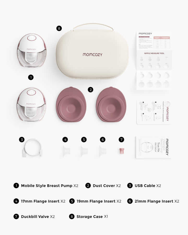 Momcozy M6 hands-free breast pump set including pumps, flanges, cables, and carrying case.