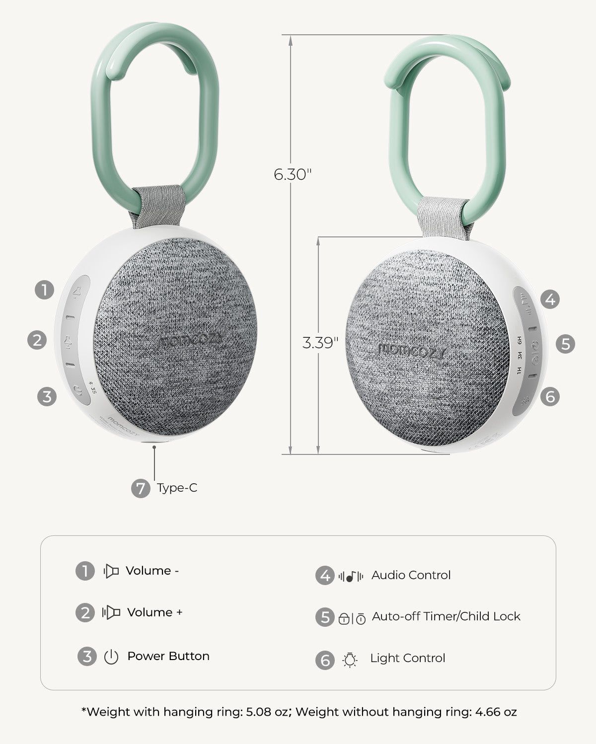 Momcozy portable sound machine for baby sleep, compact design with volume and light control.