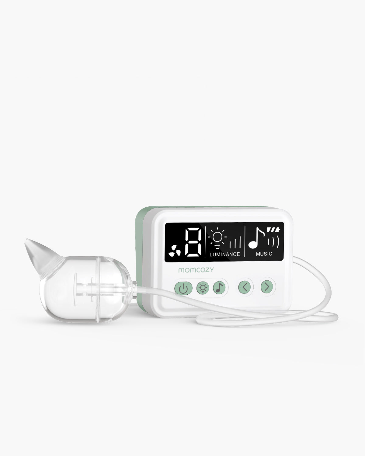 Momcozy wearable breast pump showing digital display with luminance and music options.