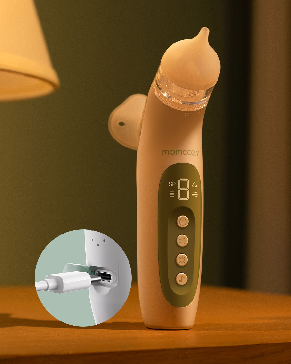 Momcozy BreezyClear 2-in-1 Baby Nasal Aspirator, white and green design with USB charging and control panel.