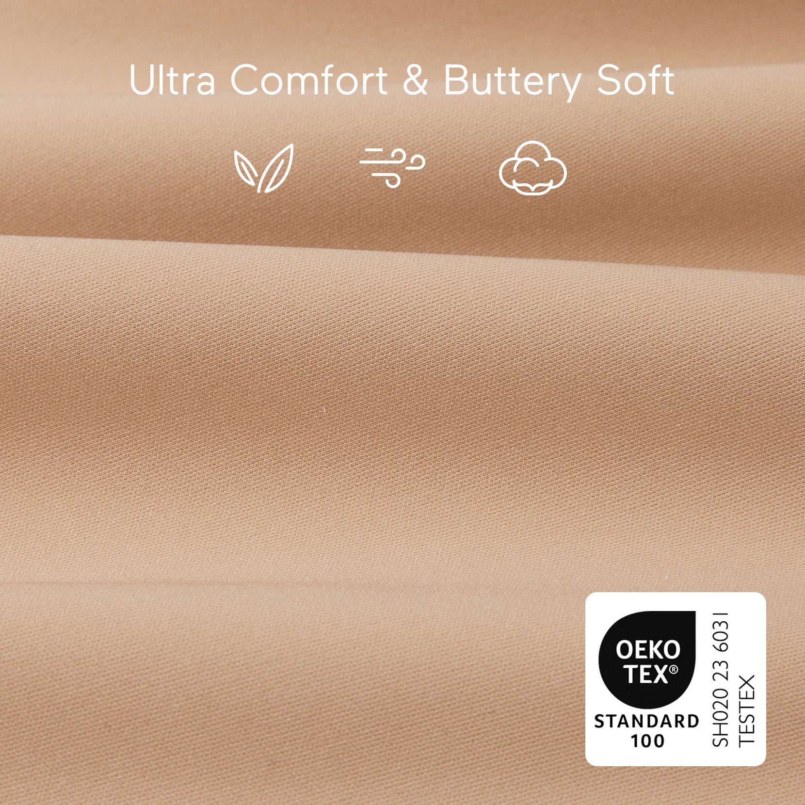 Light peach YN21 Seamless Nursing Bra fabric close-up: Ultra Comfort, buttery soft, breathable, OEKO-TEX® certified quality.