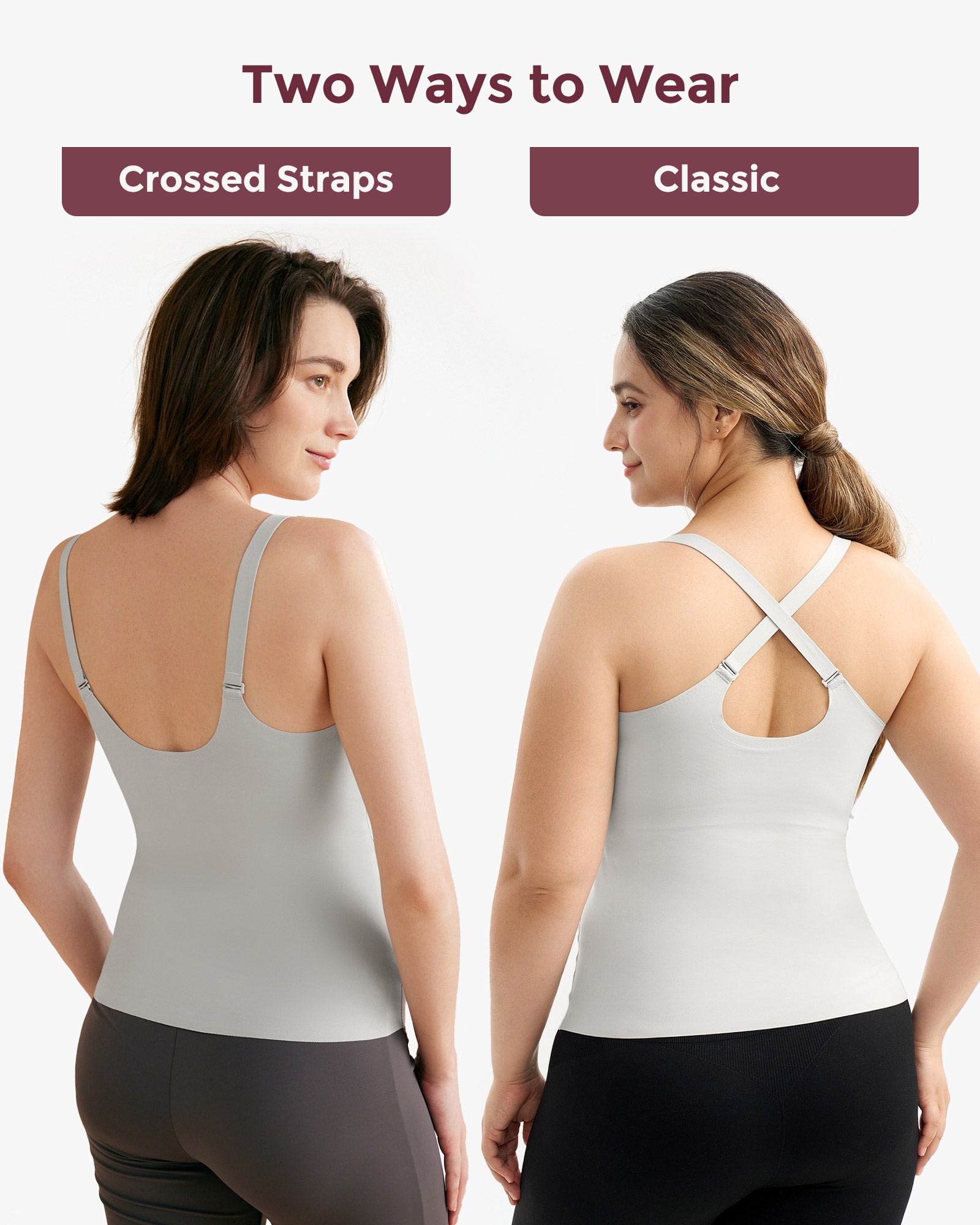 Grey Maternity Nursing & Pumping Tank Top with crossed and classic strap styles.