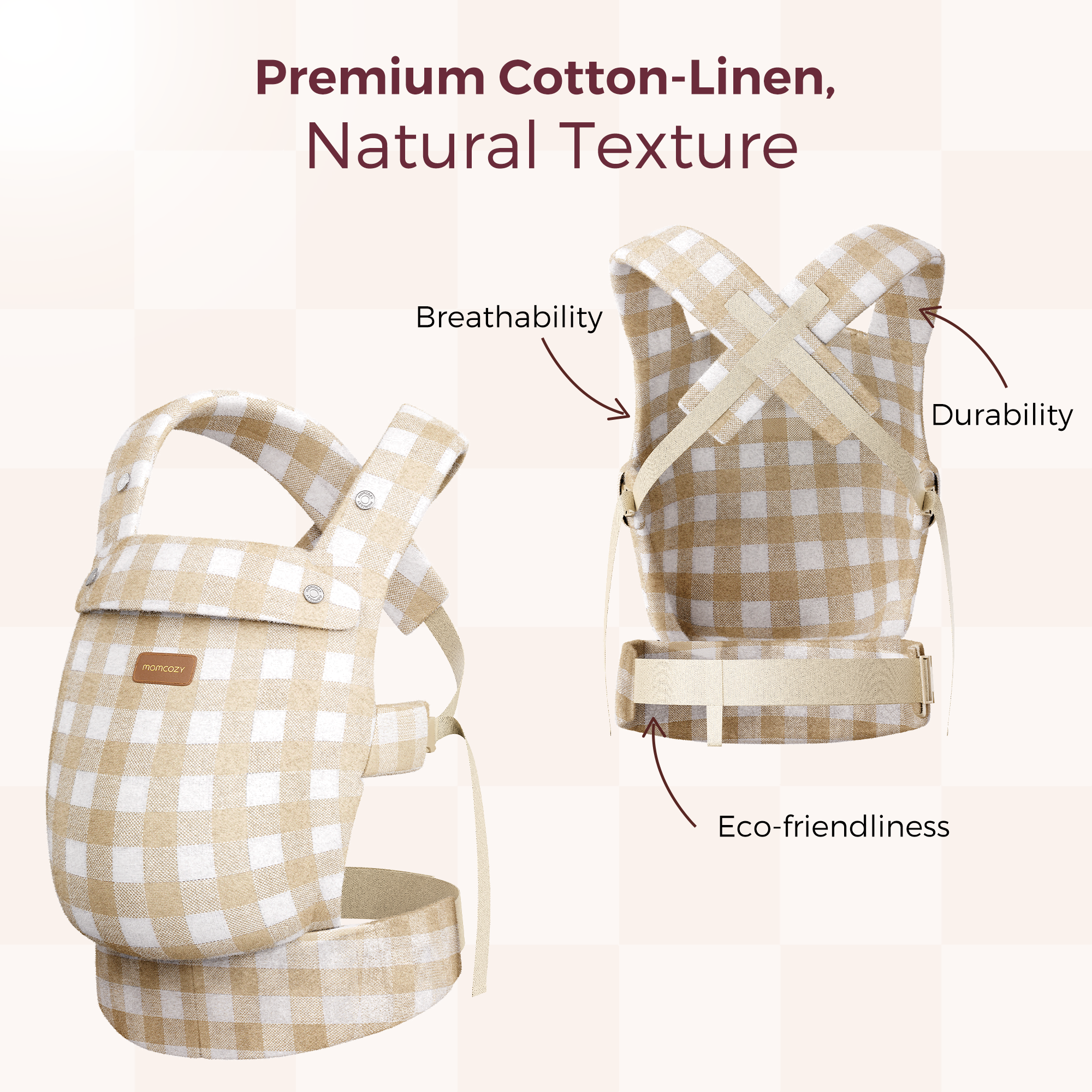 Momcozy PureHug beige checkered baby carrier, premium cotton-linen, breathable, durable, eco-friendly design
