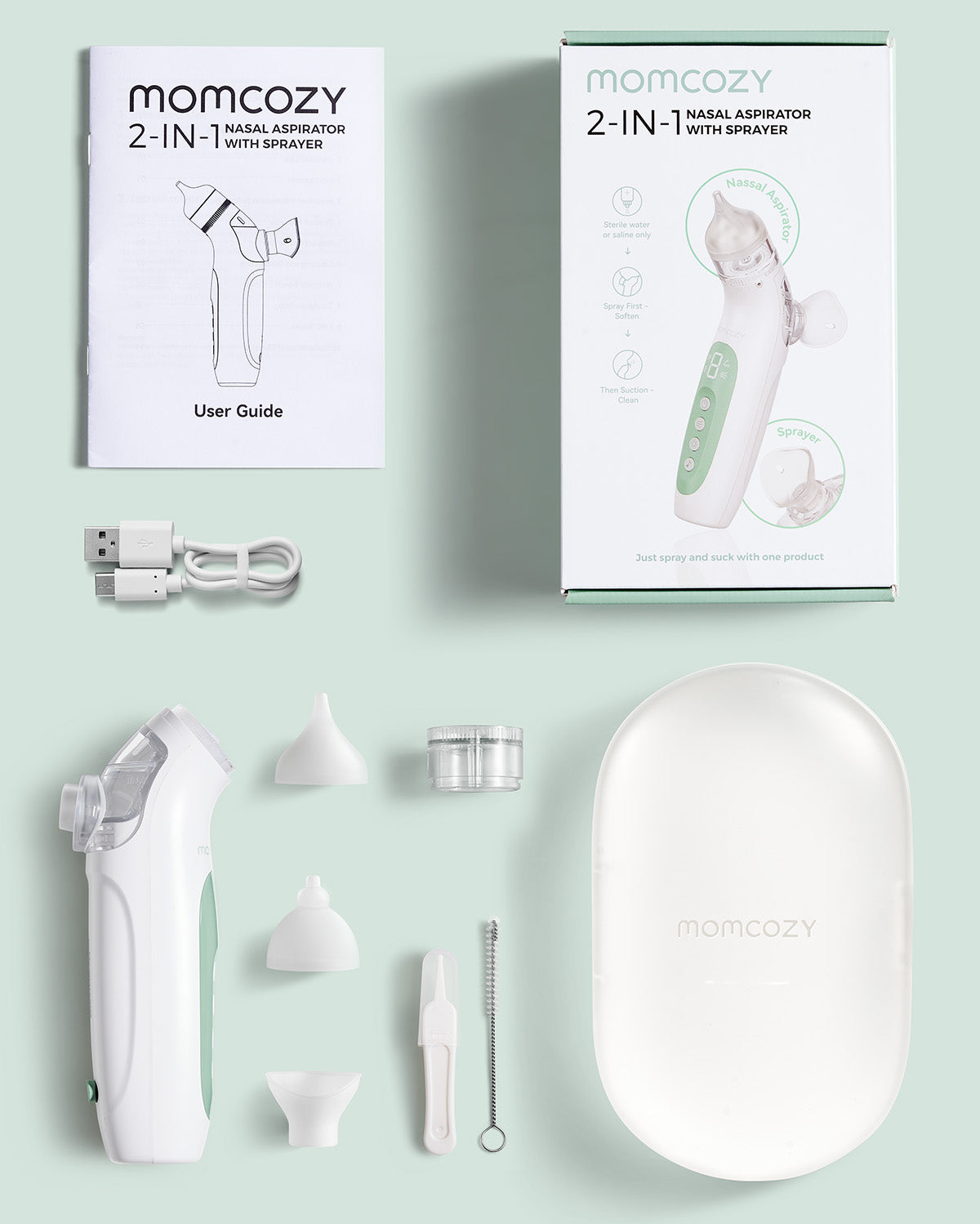 Momcozy BreezyClear 2-in-1 Nasal Aspirator: White and green design with accessories for baby nasal care, spray and suction.