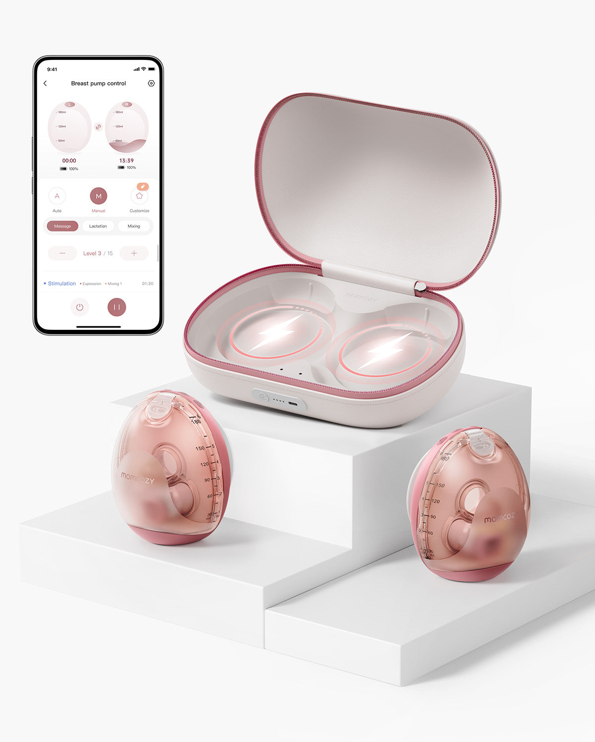 Momcozy Air 1 rose gold breast pumps with charging case and app control on smartphone, product showcase.