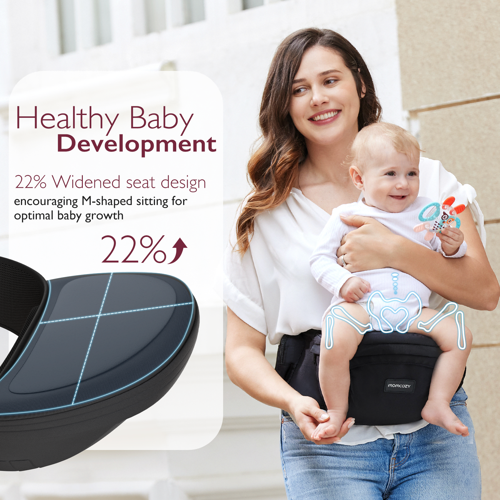 Momcozy Hip Seat Carrier: Supports healthy baby development with M-shaped sitting. Mother and baby smiling.